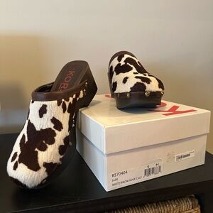 KORS Michael Kors White and Brown Calf Hair Clogs